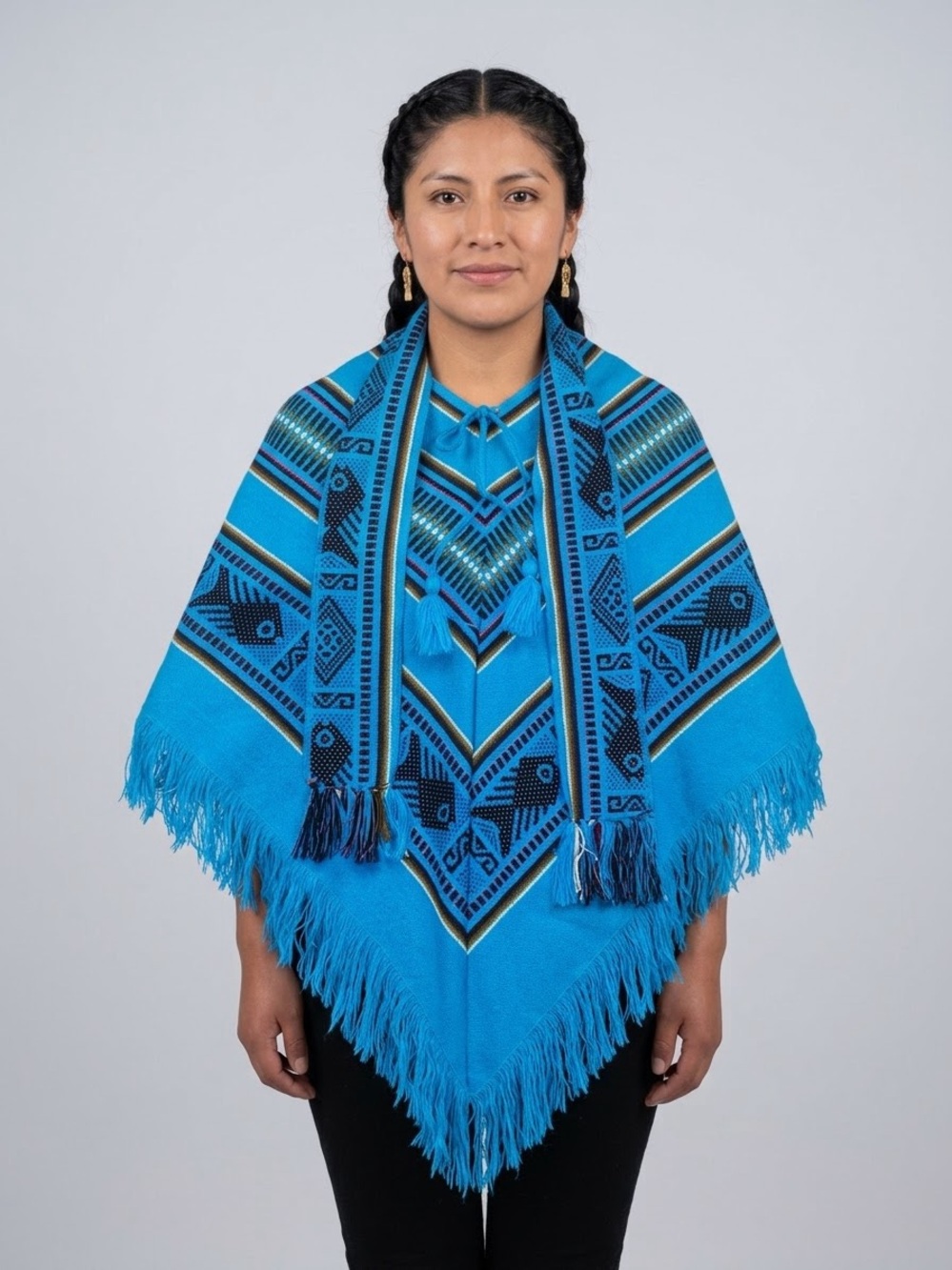 Traditional Handwoven Peruvian Andean Poncho Electric Blue Vibrant cozy